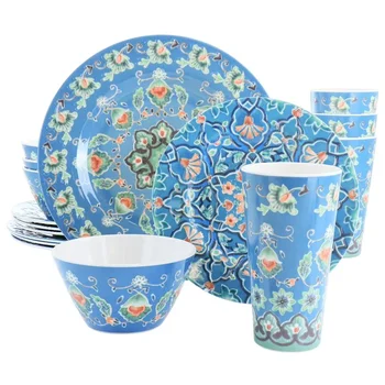 Набор круглой меламиновой посуды Tallulah из 16 предметов синего цвета