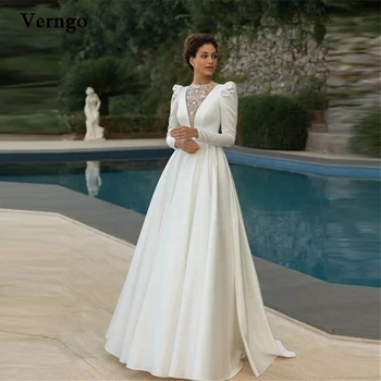 Свадебные платья Verngo Modest из атласа 2022, Длинные рукава, круглый вырез, Кружевная аппликация, 3D цветы, винтажное платье невесты длиной до пола
