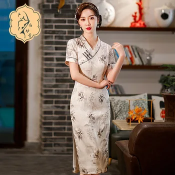 Весна и лето 2022, новое бежевое тонкое платье чонсам в китайском стиле с V-образным вырезом, модное платье чонсам с короткими рукавами