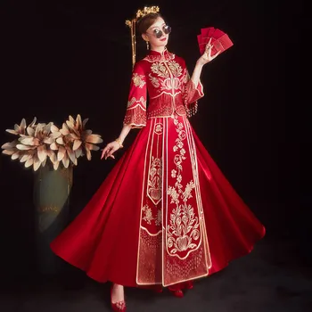 Традиционный свадебный костюм невесты Чонсам с цветочной вышивкой, Классическая китайская пара, Женщины, мужчины, свадебное платье Qipao Vestidos