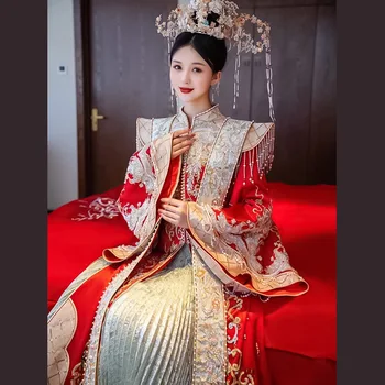 Китайские женщины Феникс Блестки Бисероплетение Вышивка Кисточки Ципао Брак Восточная Невеста Свадебное платье