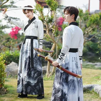 Китайский стиль, мужские боевые искусства, ретро улучшенный белый комплект из двух предметов Hanfu с длинными рукавами, китайское традиционное платье