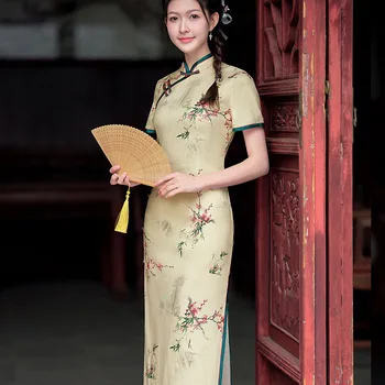 Летний Улучшенный Чонсам 2023 в литературном стиле, Элегантный Китайский Традиционный стиль, Винтажная юбка для фотосъемки, Вечернее платье Ципао для женщин