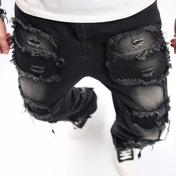Мужские Черные Джинсы с набивкой, Приталенные Рваные джинсы, Уничтоженные Прямые Джинсовые брюки Harajuku в стиле хип-хоп, Уличная одежда