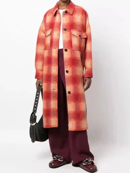 Женское пальто в клетку с вышивкой логотипа, Однобортное, С длинным рукавом и отложным воротником, 3 цвета, Свободная Осенне-зимняя куртка 2023