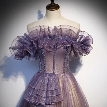 Женское фиолетовое длинное фатиновое платье Трапециевидной формы из бисера, сексуальное вечернее платье с открытыми плечами и шнуровкой
