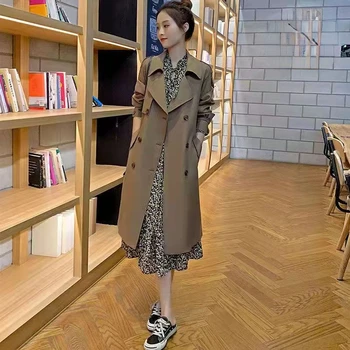 Женская Двубортная Длинная куртка, тренч цвета Хаки, Весенне-осенняя корейская версия, Классическая Офисная Женская Деловая Осенняя верхняя одежда