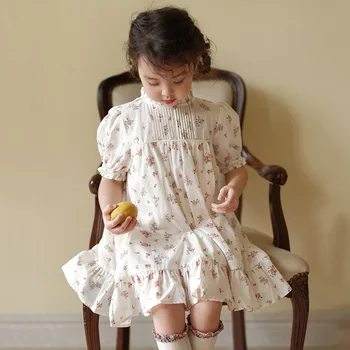 2023 Ancobear Летнее платье с цветочным рисунком для маленьких девочек, детские корейские модные повседневные платья с воротником-стойкой и пышными рукавами, детская одежда