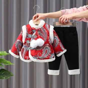 Зимний китайский костюм 2023 года в стиле Тан, Топ, брюки, комплект одежды с рисунком Ципао, детская спортивная одежда, детская плюшевая одежда с капюшоном для младенцев, наряды