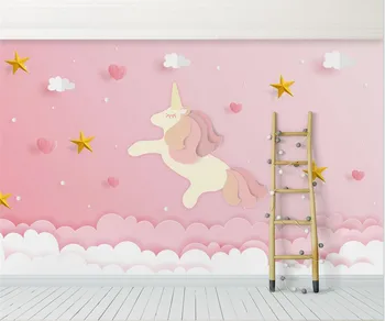 Пользовательские обои papel tapiz розовые облака фэнтези единорог звезды принцесса фон детской комнаты настенные наклейки muraux