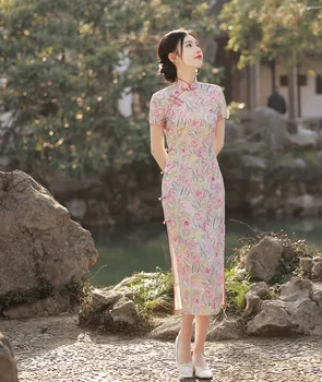 Сексуальный атласный Чонсам с принтом, элегантное женское повседневное платье Ципао в китайском стиле в стиле ретро
