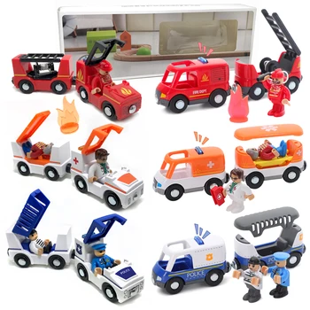 Звуковая и световая магнитная игрушечная машинка, подарочная коробка, машина скорой помощи, пожарная машина, спасательный железнодорожный вагон, игра, деревянная дорожка, детский игрушечный поезд, подарок