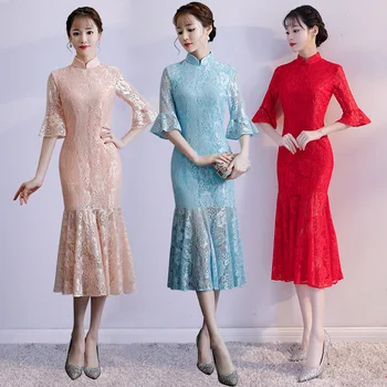 Длинное кружевное платье Чонсам с рыбьим хвостом, Элегантное тонкое женское китайское традиционное платье, 3 цвета, Восточная вечеринка, Qipao 90