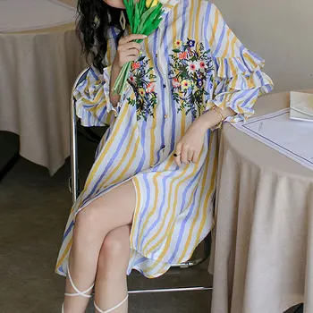 Весенне-летние Платья с цветочной вышивкой контрастных цветов, Полосатое Женское однобортное прямое платье Миди с оборками