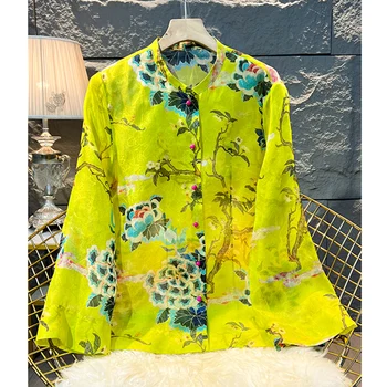 Модный шелковый костюм из органзы в китайском стиле, Топ 2023, Летняя новая рубашка с круглым вырезом и длинными рукавами с принтом, Женская рубашка S-XL