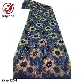 Классическая африканская кружевная ткань Высокого качества с вышивкой из тюля с тяжелыми блестками, кружевная ткань для вечернего платья ZXW-520