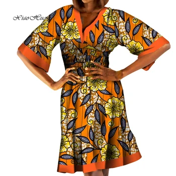 Африканские платья для Женщин, Платье с V-образным вырезом и Восковым Принтом в Африканском стиле, Эластичный пояс, Платье Анкара, Плюс Размер, Повседневная Африканская Одежда, WY7408