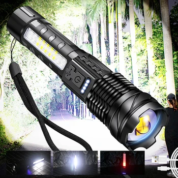 Мощный светодиодный фонарик, перезаряжаемый через USB, мощный тактический фонарь, рабочий ручной фонарь для кемпинга со встроенной батареей