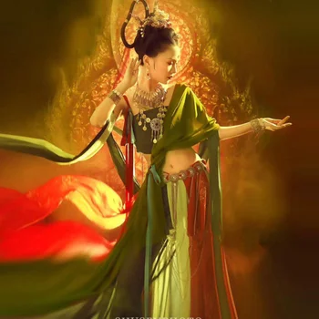 Танцевальный костюм Дуньхуан Фэйтянь Китайский Ханфу для женщин Традиционный фестиваль Хэллоуин Летнее платье для Косплея Феи зеленого цвета