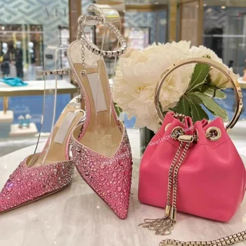 Розовые Туфли-лодочки с Украшением в виде Кристаллов, Острый Носок, Тонкий Высокий Каблук, Ремешок с пряжкой, Модная Сексуальная Женская обувь Большого Размера, Летняя Обувь Для Вечеринки Zapatillas Mujer