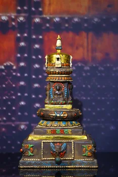 Коллекция Тибетского храма 9 дюймов, Старая Бронзовая Калька, пагода, ступа Будды, Буддийская ниша, буддийские священные писания, Амулет Дхармы, Городской дом