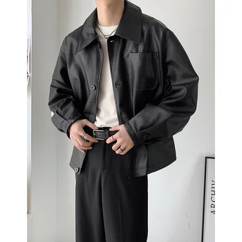 Черная кожаная куртка, Мужская мода, Короткие кожаные куртки Оверсайз, мужская Уличная одежда в корейском стиле Хип-хоп, Свободная куртка-бомбер, Мужское пальто