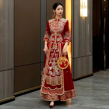 Костюм невесты Тан, красное атласное Ципао, Традиционный китайский стиль, расшитое пайетками, бисером, кисточками, Свадебное платье, Восточная одежда для тостов