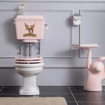 Туалет в стиле ретро в британском стиле, розовый резервуар для воды из алюминиевого сплава, раздельный унитаз, немой, крышка из цельного дерева, легкая роскошь