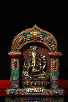 Коллекция Тибетского храма 9 дюймов, Старинная бронзовая мозаика, драгоценный камень, бусина Дзи, Хобот слона, Бог богатства, буддийский алтарь, Сидящий Будда