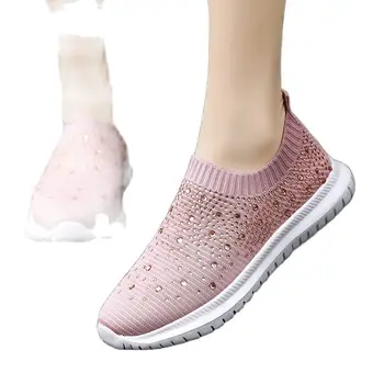 Новые весенние женские дышащие трикотажные кроссовки на платформе, блестящие хрустальные туфли на плоской подошве, удобная спортивная обувь с мягкой нескользящей подошвой