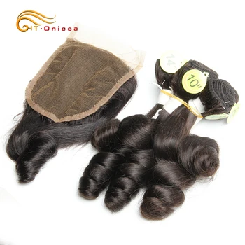 Пучки человеческих волос с застежкой из натуральных перуанских волос Remy и застежкой из детских волос, вьющиеся человеческие волосы