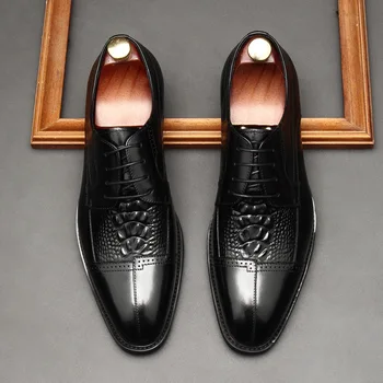 Элегантные Мужские туфли-оксфорды, Мужские Модельные туфли с крокодиловым узором, Обувь ручной работы из натуральной кожи на шнуровке, Коричнево-черная Официальная мужская обувь