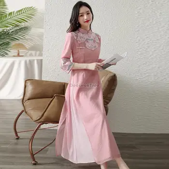 2023 этническое платье с вышивкой, чайное платье в стиле арт-ретро, улучшенный чонсам, Вьетнам, тонкое платье aodai