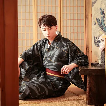 Традиционное японское кимоно Юката, мужской халат из полиэстера, мужские халаты для отдыха с поясом, летняя пижама