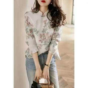 2023 женская блузка в стиле китайской нации с коротким рукавом и цветочной вышивкой, воротник-стойка, стиль ципао чонсам, повседневный модный топ g488