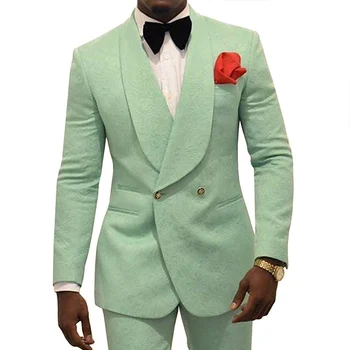 JELTONEWIN Мятно-зеленый цветочный приталенный мужской костюм, Двубортный для свадьбы, Смокинг жениха, 2 предмета, куртка, брюки, костюмы для выпускного вечера, костюмы для вечеринок