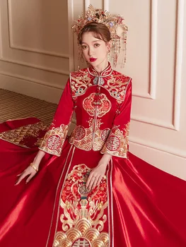 Роскошное Китайское Традиционное Женское Свадебное Платье С Вышивкой, Длинный Чонсам, Стильная Элегантная Невеста, Жених китайская одежда