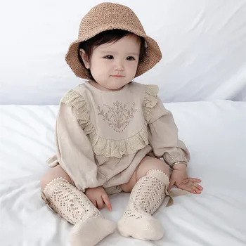 2023 Хлопковый комбинезон для маленьких девочек, Летнее Льняное боди с вышивкой и шапочкой, Бежевый комбинезон для малышей, Корейский Цельный комбинезон