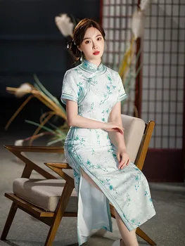 Yourqipao 2023, Летнее Длинное Тонкое Шелковое Зеленое Платье Чонсам для Подиума, Банкета, Элегантное Модное Вечернее платье в китайском стиле Qipao для женщин