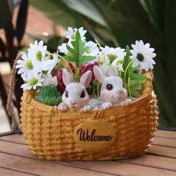 Милый кролик, Сочный цветочный горшок, Статуэтка из смолы, украшения для сада на открытом воздухе, Скульптура в семье, поделки, фигурки для внутреннего двора, парк, декор