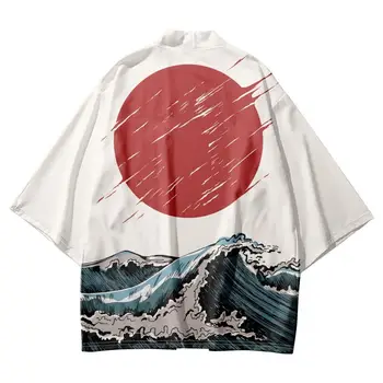 2023 Летнее пляжное кимоно с волнистым принтом, уличная одежда, традиционный кардиган, рубашка с рукавом 3/4, модное кимоно хаори, юката для мужчин и женщин