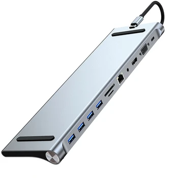 11 В 1 Док-станция Type C USB-Концентратор 3,0, Разветвитель, Многопортовый адаптер, 4K-Совместимый RJ45, SD/TF, VGA, PD, Аудио Подставка Для ноутбука