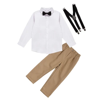 Модный Детский костюм джентльмена для мальчиков, Весенне-осенняя рубашка с длинными рукавами, Галстук-бабочка, Подтяжки, брюки, наряд из 4 предметов для официальной вечеринки по случаю Дня рождения