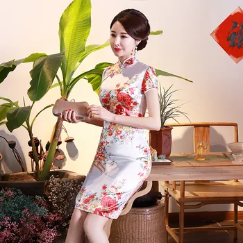 Короткое Стильное Атласное Шелковое Китайское Традиционное Платье для Женщин, Облегающее Женское Чонсам Ципао, Восточное Кимоно, Банный Халат, Платье