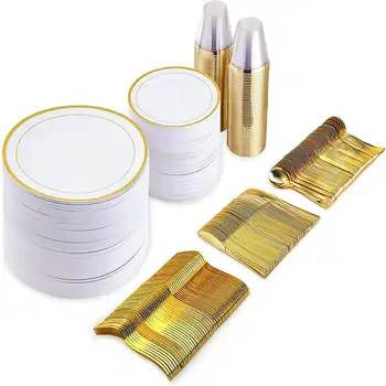 Упаковка] Наборы пластиковой посуды в золотой оправе, наборы пластиковых тарелок (на 100 персон) Набор деревянной посуды для ланча, набор столовых приборов, ложка и палочки для еды 